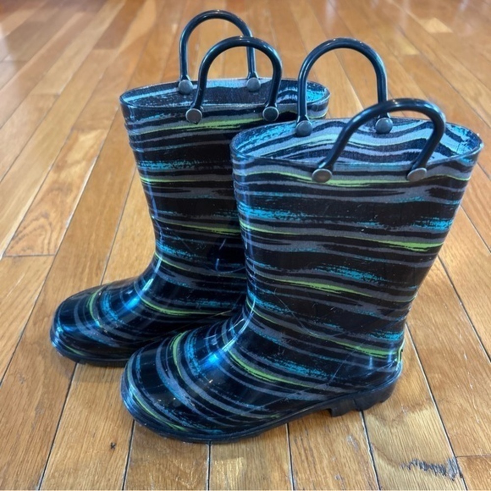 Western Chief Black Brush Stripe Lighted Pull On Boys Youth Rain Boots Size 13
